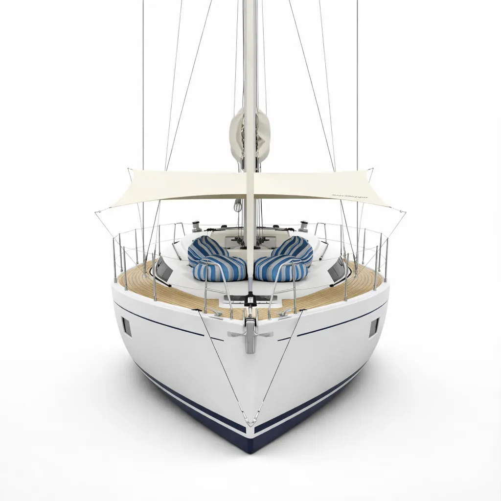 SunSkipper canopy spread over the foredeck of a sailing yacht, seen from the bow
